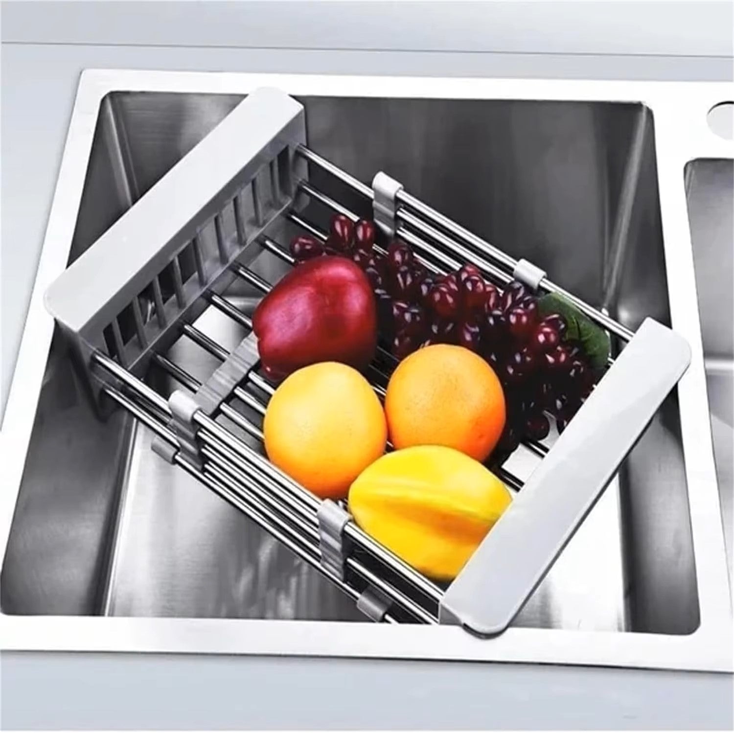 Adjustable Stainless Steel Over-the-Sink Dish Drying Rack & Fruit/Vegetable Drainer