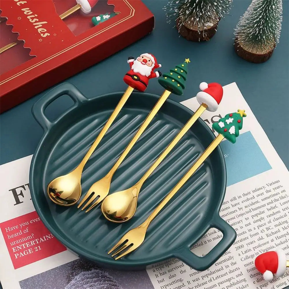 4-Piece Golden Christmas Spoon Set – Festive Holiday Dessert & Coffee Spoons