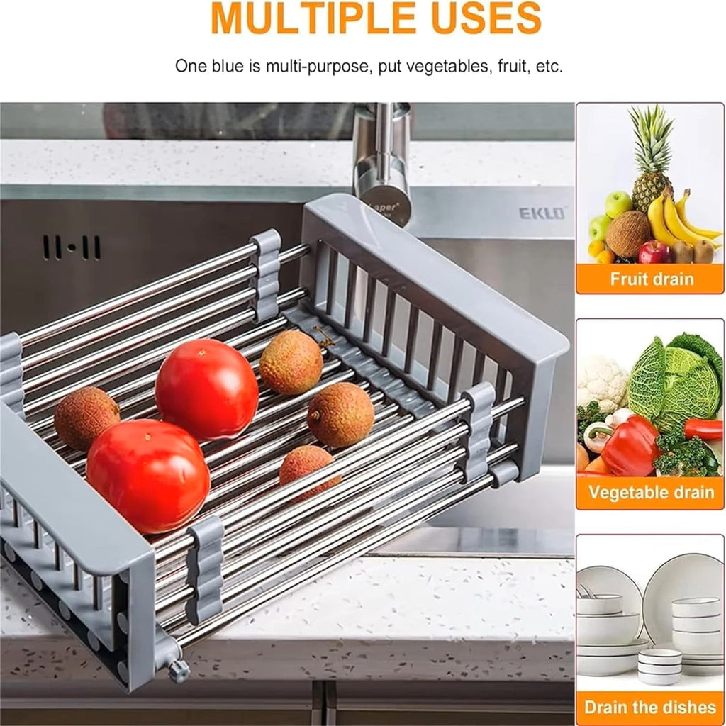 Adjustable Stainless Steel Over-the-Sink Dish Drying Rack & Fruit/Vegetable Drainer