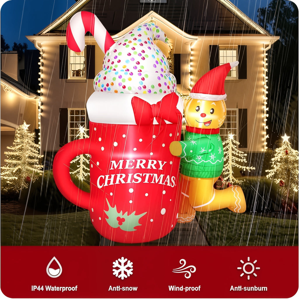 4.6FT Christmas Inflatable Gingerbread Man with Mug – LED Light-Up Outdoor Decoration